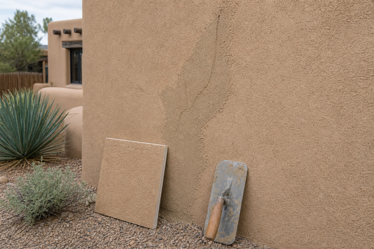 Stucco crack patch repair on an adobe-style Santa Fe home